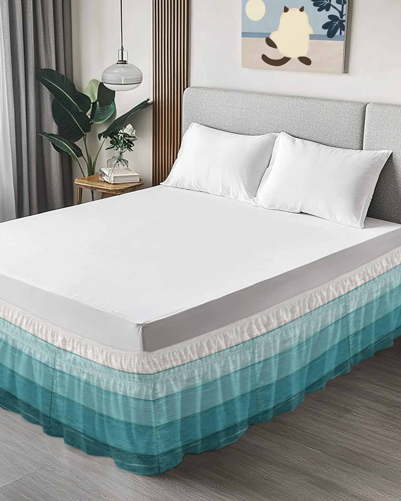 Rustic Stripes Bed Skirt Aqua Gradient Farmhouse Wood Grain Bed Skirts King Size 18 Inch Drop, Wrap Around Dust Ruffle&nbsp;Bedskirt with Adjustable Elastic Belt for Queen Size Beds
