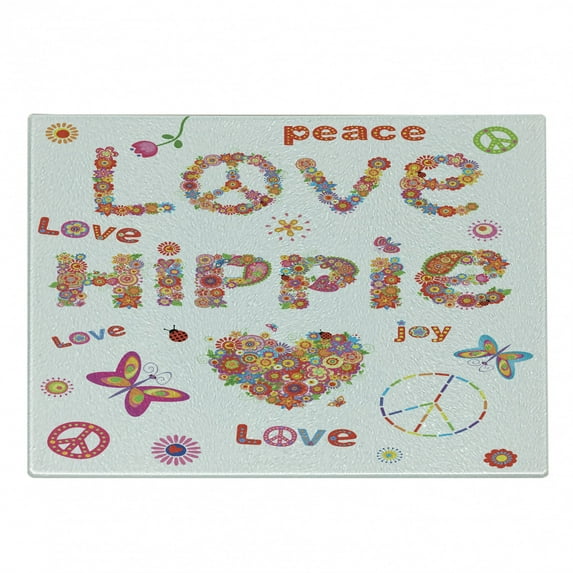 Groovy Cutting Board, Love Hippie Flowers Season Ladybird Ladybugs Nature Flourishes Art Print, Decorative Tempered Glass Cutting and Serving Board, Small Size, Multicolor, by Ambesonne
