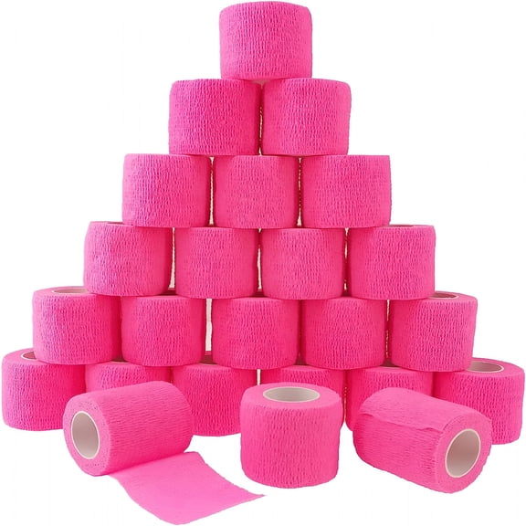 QARUN 24 Pack Self Adherent Cohesive Bandage Wrap,2”X 5 Yards Elastic Non Woven Pink Adhesive Tape,Stretch Vet Wrap for Dogs,Athletic Bandages Wrap for First Aid Medical,Sports,Wrist Sprains