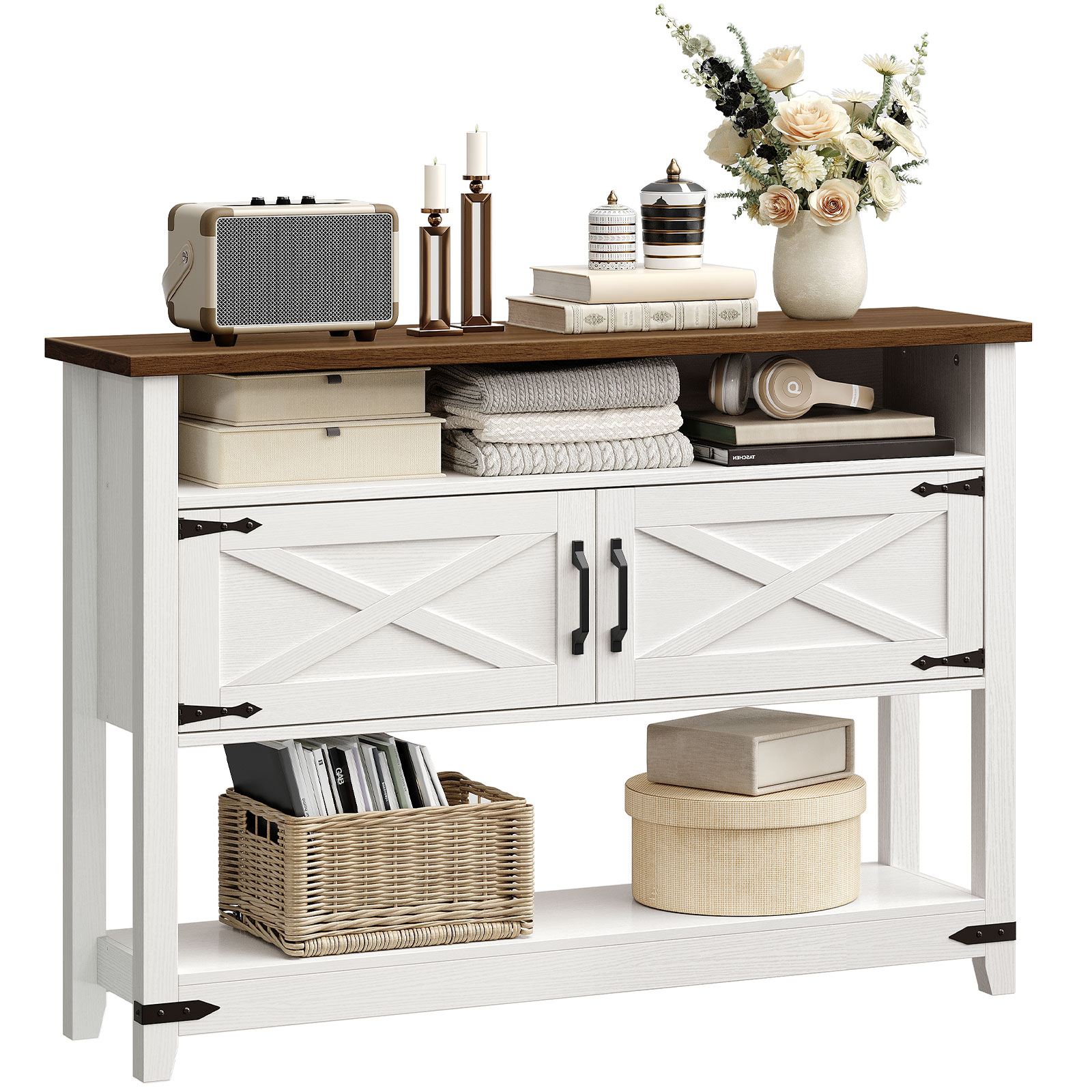 Farmhouse Entryway Table with Storage, 47.2" Long Console Table for Entryway, White Sofa Table with Doors and Cabinets, Narrow Sofa Table Behind Couch, for Hallway, Foyer, White and Walnut WH12XG01
