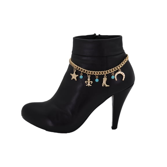 Women Gold Metal Chain Boot Bracelet Sherriff Fleur De Lis Horseshoe Charm