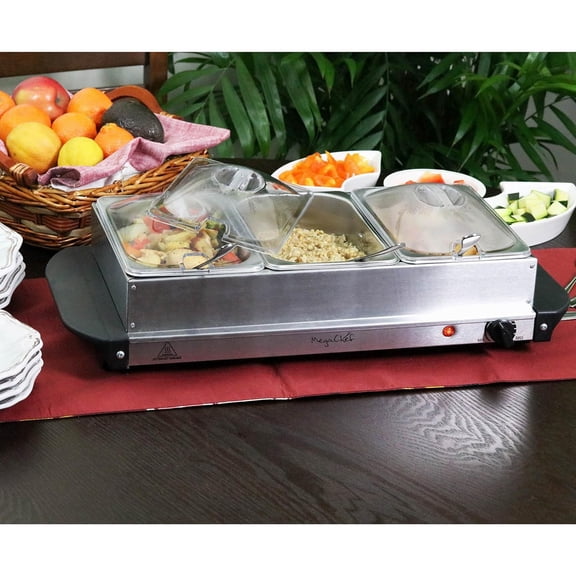 MegaChef Buffet Server & Food Warmer With 3 Removable Sectional Trays , Heated Warming Tray and Removable Tray Frame