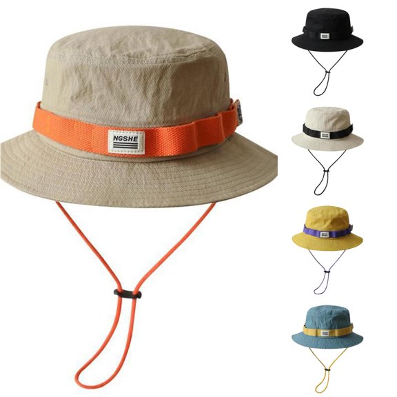 Xijirk Bucket Hat with Decorative Strap Badge and Holding Cord for Outdoor Leisure Daily Stylish Matching for Women,Khaki,M