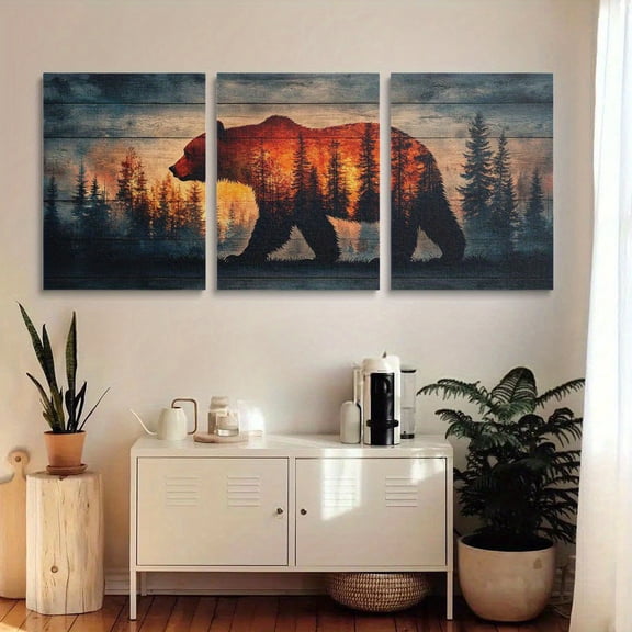 3pcs Set American Bear Silhouette Canvas Wall Art - Frameless Triptych with Trees & Sunset Sky, High-Quality Print for Living Room & Bathroom Decor, Nature-Inspired Design, Bathroom Decor|Sunset Sky