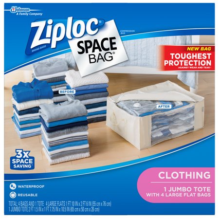Ziploc Spacebag Organizer Set, Clear, 5-Count (1 Jumbo Tote, 4 Large Flat Bags)