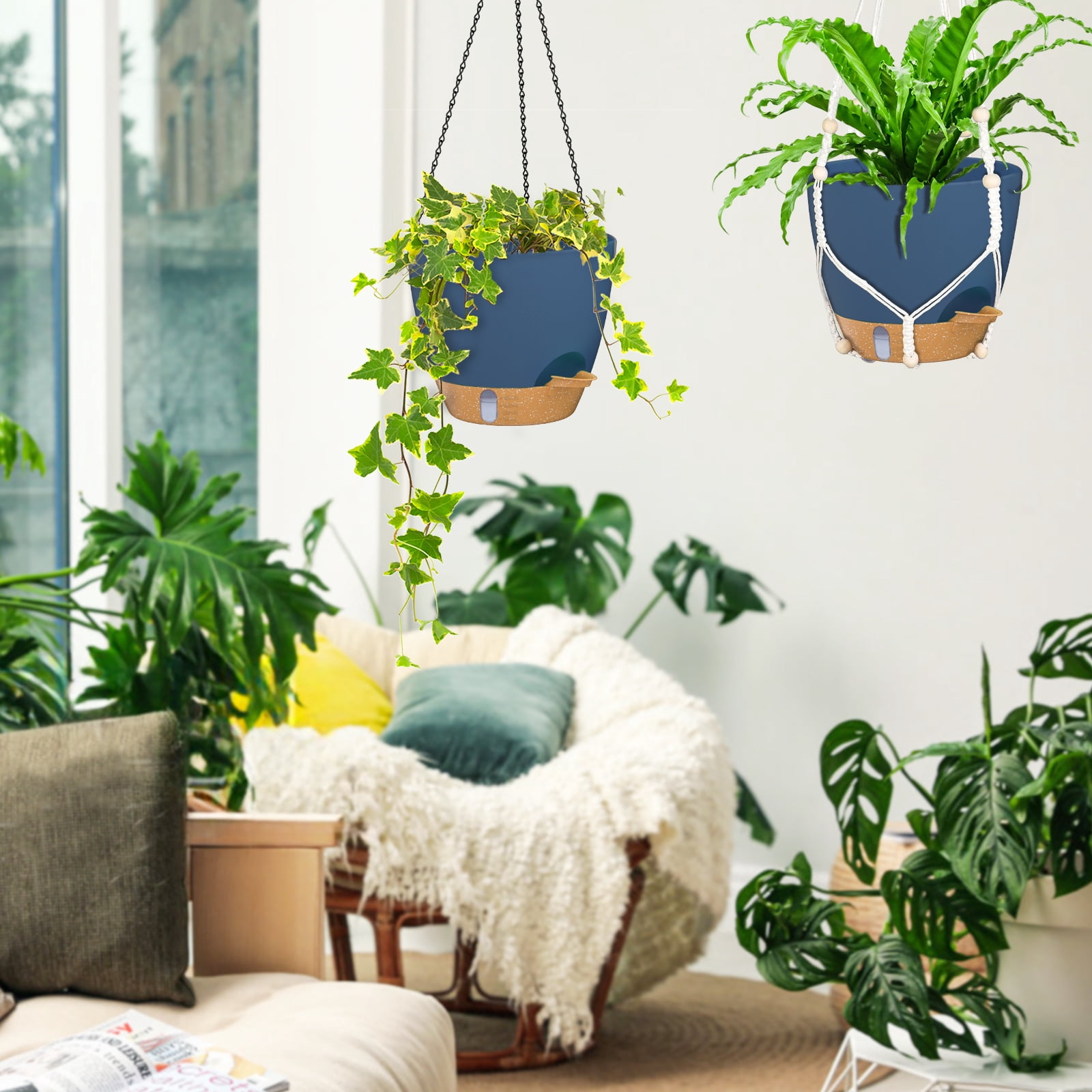 FIASON 2 Pack 10 Inch Blue Self-Watering Hanging Planters, Indoor Outdoor Flower Pots with Visual Water Reservoir, Drainage Holes & 2 Types of Plant Hangers for Garden Home Decor