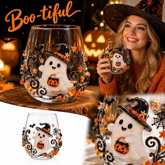 Spooky Halloween Decor Cute Halloween Ghost Stemless Glass 4 Inch Fall Kitchen Decor Halloween Party Supplies for Home Tabletop Display, 1 Pack
