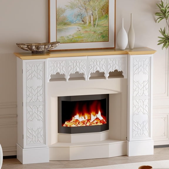 White Freestanding Electric Fireplaces Mantel Stand, Wooden Decorative Mantel Storage Cabinet with Doors and Shelves,Drawers, Fireplace Decor Entertainment Center with Storage for Living Room