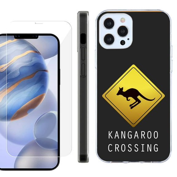 Slim Fit Protective Phone Case for Apple iPhone 12 / iPhone 12 Pro, with Tempered Glass Screen Protector, by OneToughShield ® - Road Sign Kangaroo