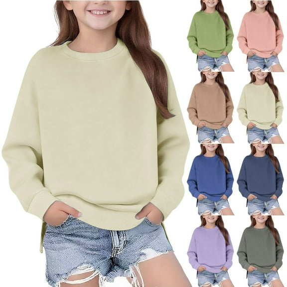 HomeDM Girls Boys Crewneck Sweatshirts Unisex Kids Long Sleeve Fall Winter Drop Shoulder Pullover Tops Solid Color Soft Sweatshirts with High-Low Hem, Beige Size 5-6 Years