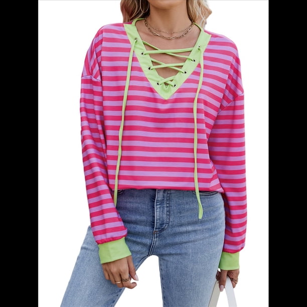 Sudadera Holgada Informal de Larga con Cuello Redondo y Bloques de Color para Mujer Rosa XXL