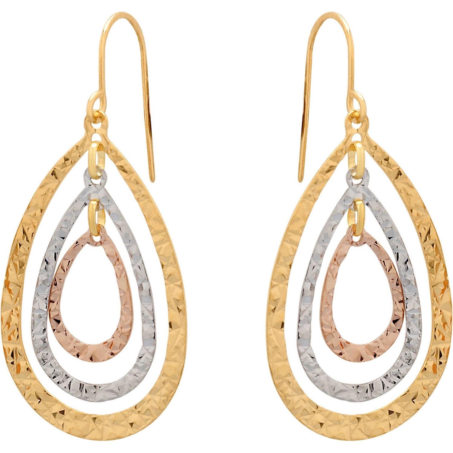 Simply Gold 10kt Yellow, Pink and White Gold Triple Teardrop Dangle Earrings by Richline Group Inc