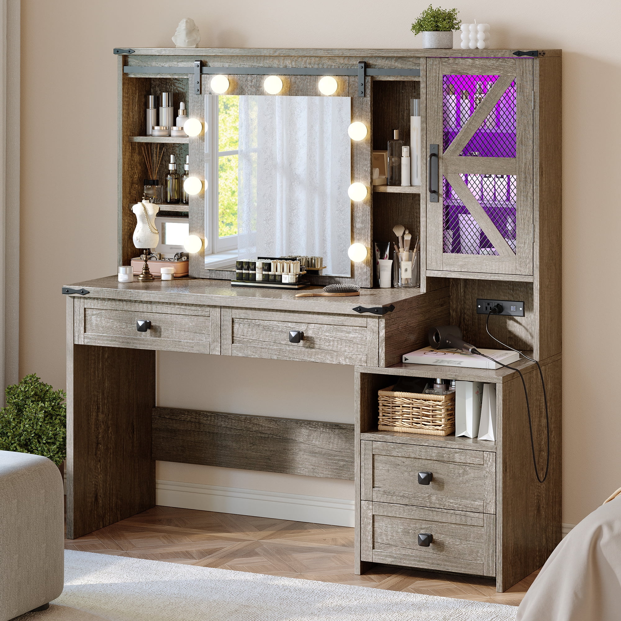 Farmhouse Makeup Vanity with Sliding Mirror & Lights Large Vanity Desk with Charge Station Dressing Table with 4 Drawers & 2 Cabinets, Light Rustic Oak