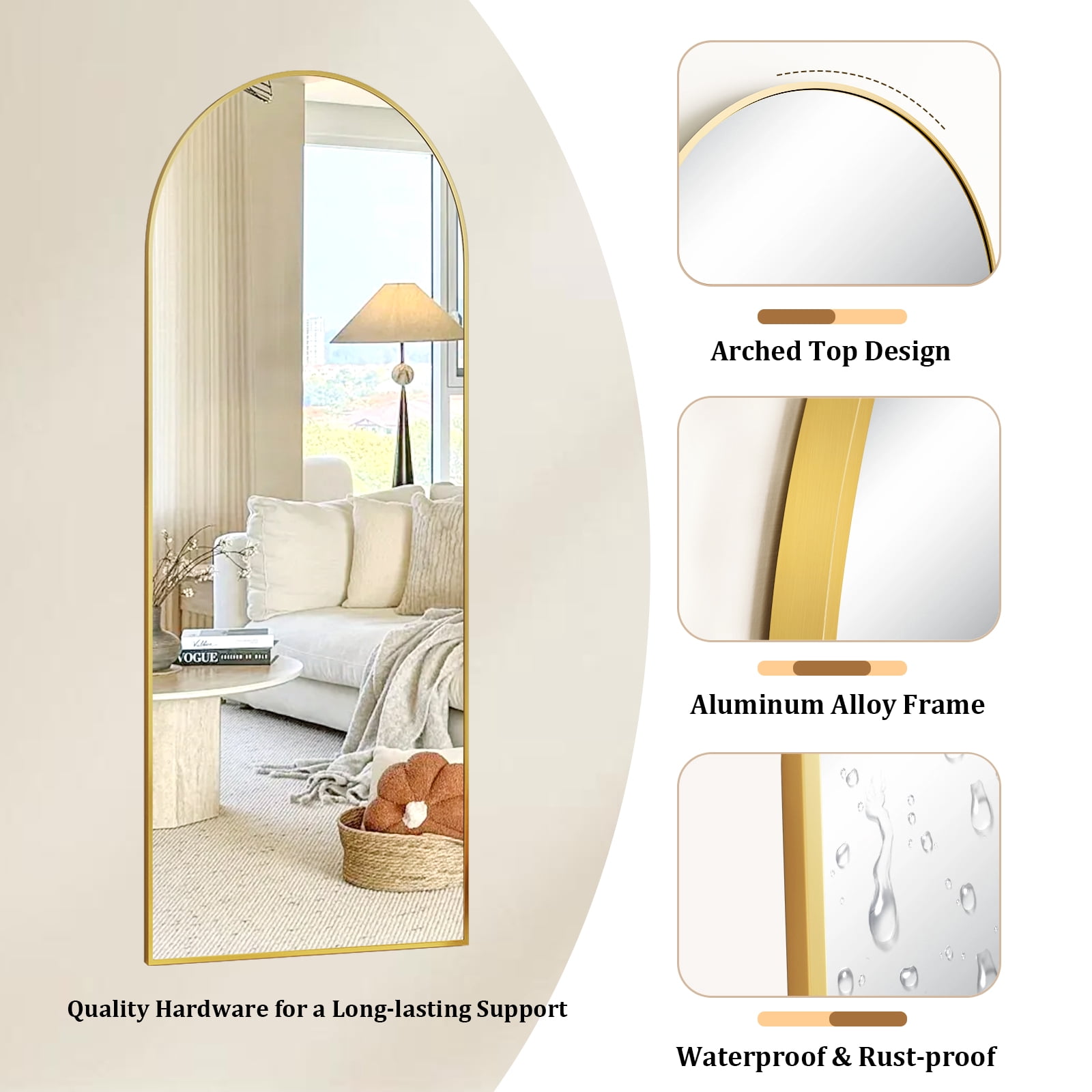 AUROMIR 59"x16" Arched Full Length Mirror Floor Mirror Full Body Standing Mirror, Gold
