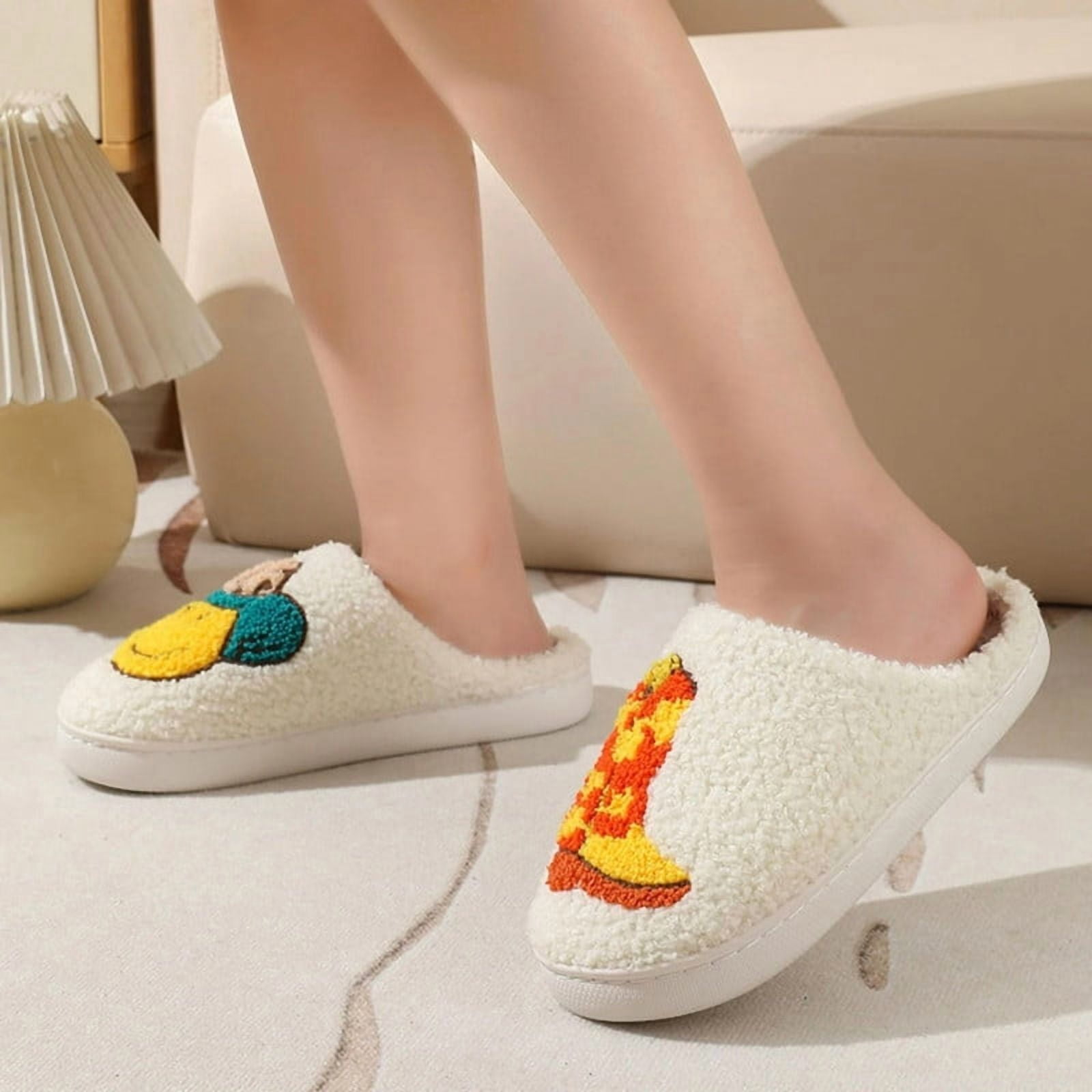 BERANMEY Cute Smile Cowboy Slippers for Women Perfect Soft Plush Comfy Warm Slip-On Western Boots Slippers fo Women Indoor Fluffy House Slippers for Women and Men Non-slip Fuzzy Flat Slides