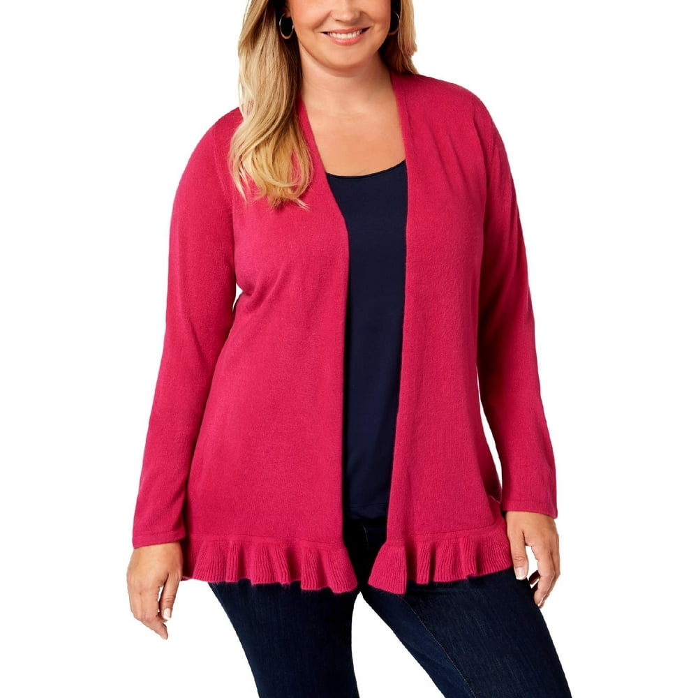 Karen Scott Karen Scott Womens Plus Ruffled OpenFront Cardigan