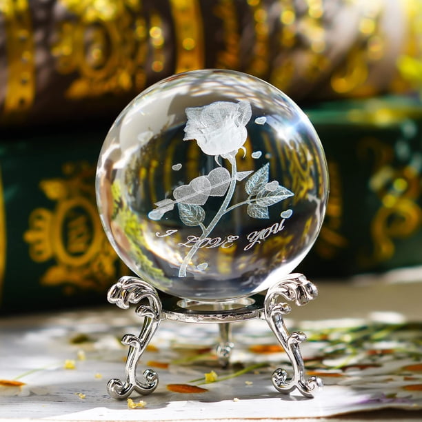 Bola de cristal de rosa tallada XCF de 2,4 pulgadas 60 mm con soporte de flores plateado bola de cristal con grabado 3D para decoración de mesa del hogar regalo para la boda de la madre