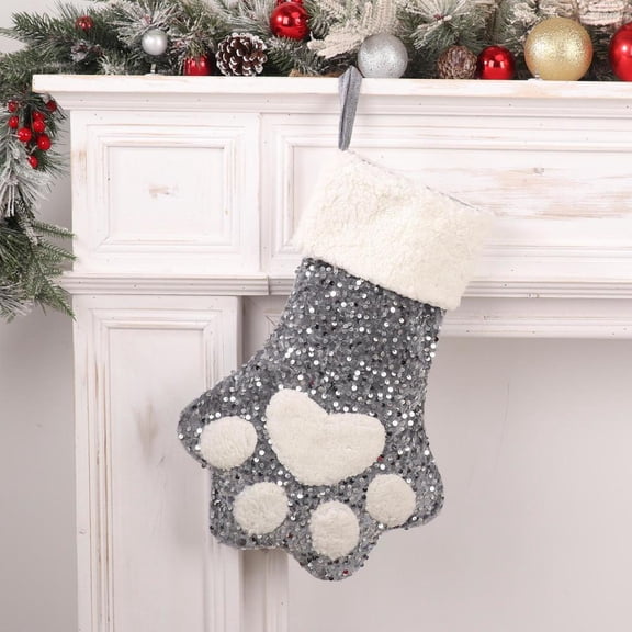 1PC Shining Glitter Plush Dog Paw Christmas Stocking Large Candy Gift Bag Holiday Decoration Hanging Ornament for Xmas Party Decor