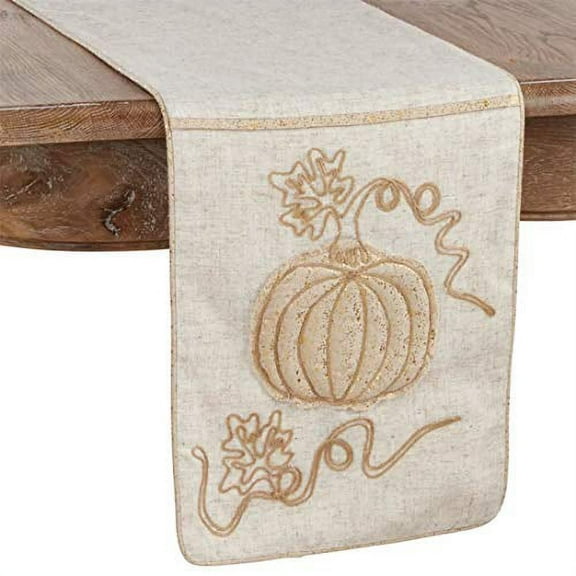 Fennco Styles Thanksgiving Foil Pumpkin Jute Embroidered Table Runner 13 x 72 Inch - Neutral Holiday Table Cover for Home Décor, Banquets, Family Gathering and Special Occasion