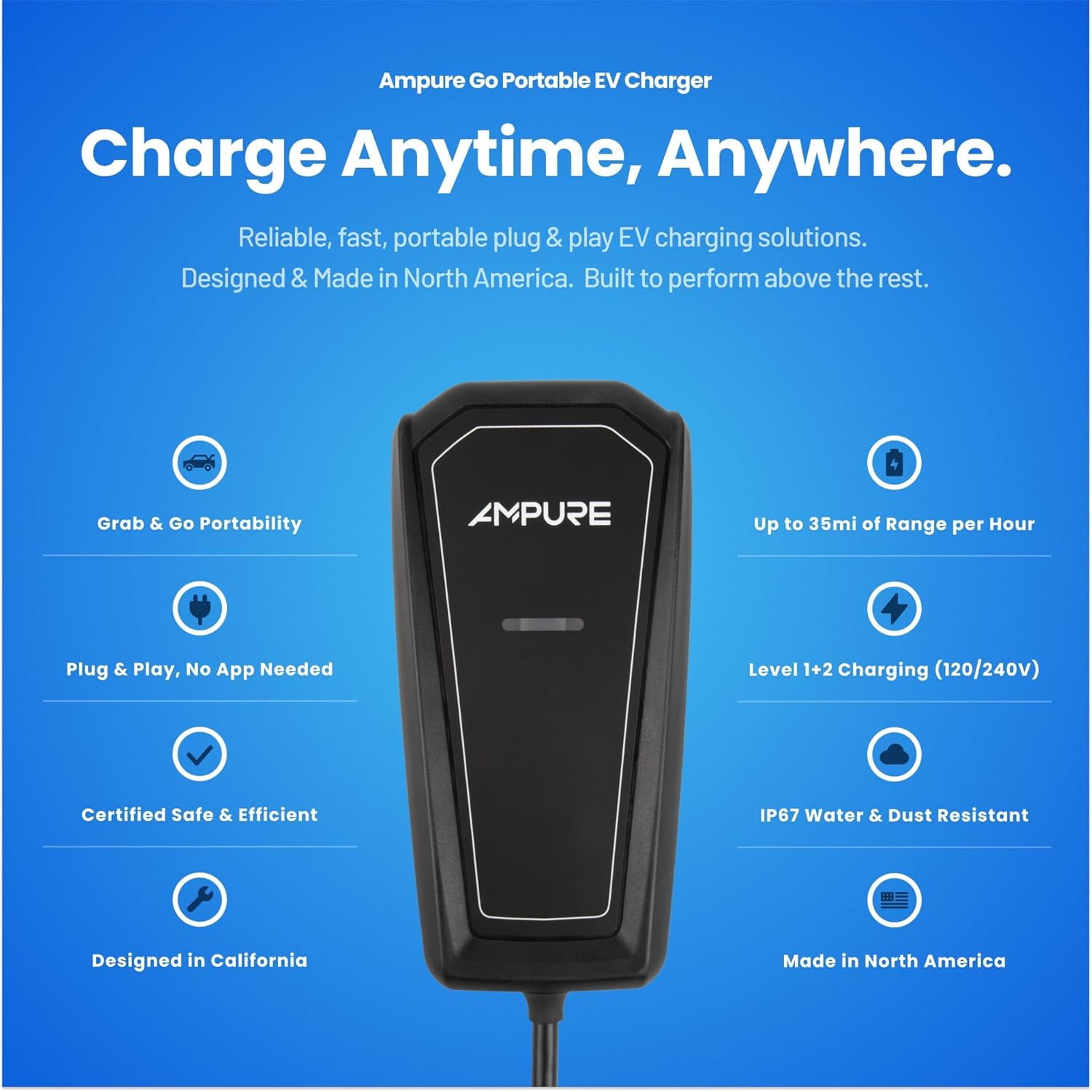 Ampure Go Level 2 Portable EV Charger, 32 Amp, SAE J1772, NEMA 14-50 Plug, 20ft Cable, Compatible with All J1772 EVs