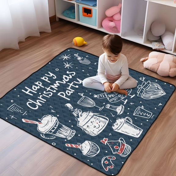 WOBOGO Cute Doodle Christmas Party Baby Playmats Extra Large Waterproof Rollable Activity Pads for Toddlers 50×50inch
