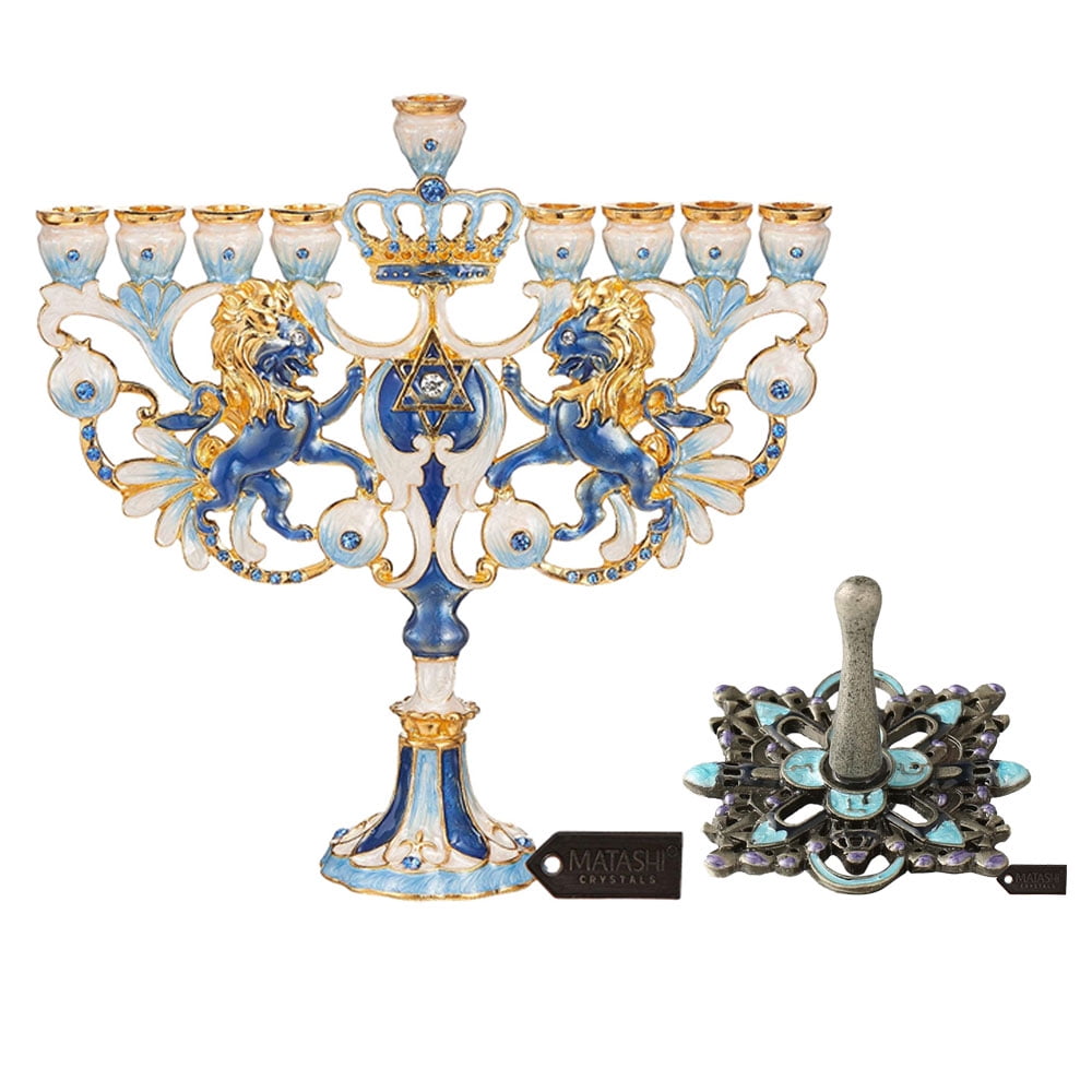 Matashi Hand Painted Blue & Ivory Regal Lion Menorah Candelabra Ornament Gift 