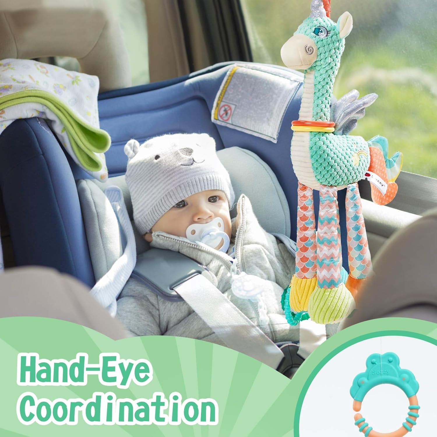 Giraffe Teething Hanging Toy, Chewable Sensory Crinkle Bell Doll for Stroller Crib Car Seat, Newborn Infant 0-12 Months Gift
