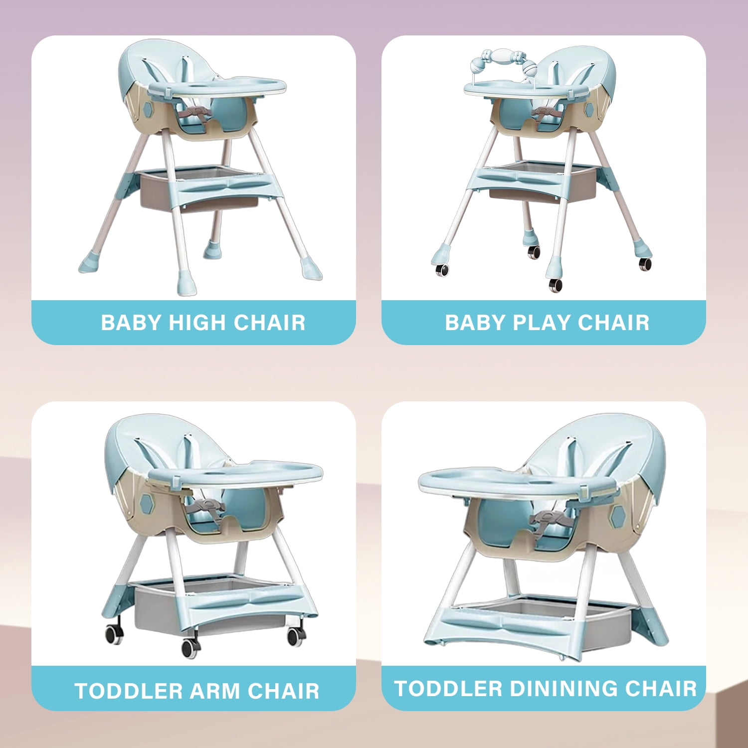 BEJOLO Baby High Chair, 4-in-1 Foldable Highchair Dining Feeding Chair with Double Dining Plate & Toy Rack, Infant to Toddler, Mint Blue