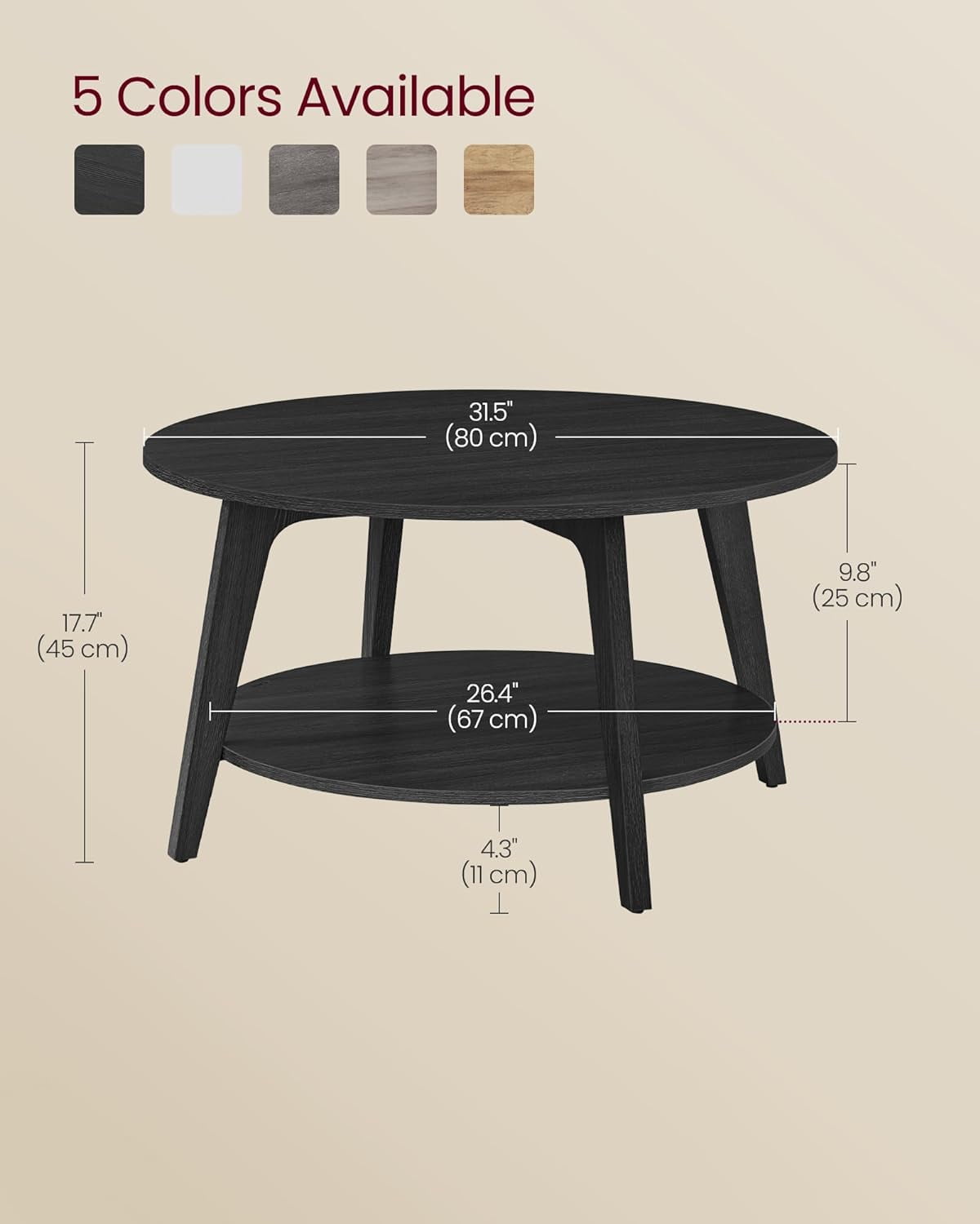 VASAGLE Round Coffee Table, 2 Tier Coffee Table with Storage, for Living Room, 31.5 x 17.7 Inches, Easy to Assemble, Charcoal Gray