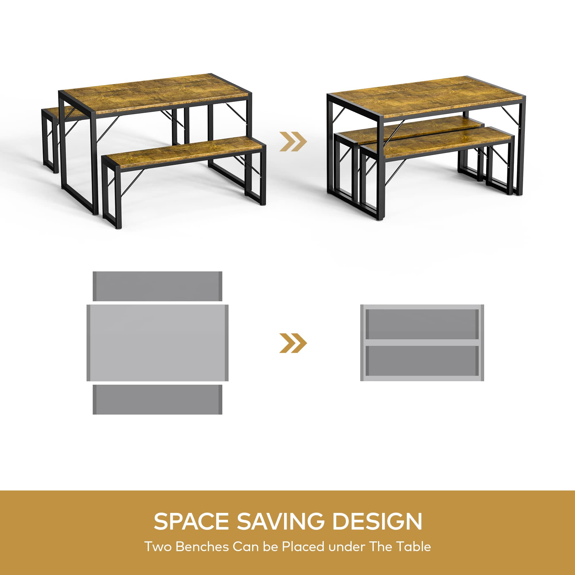 Lofka Dining Table Set for 4 with Benches - Solid Wood Kitchen Table for Small Spaces, Breakfast Nook & Apartments (Vintage Brown)