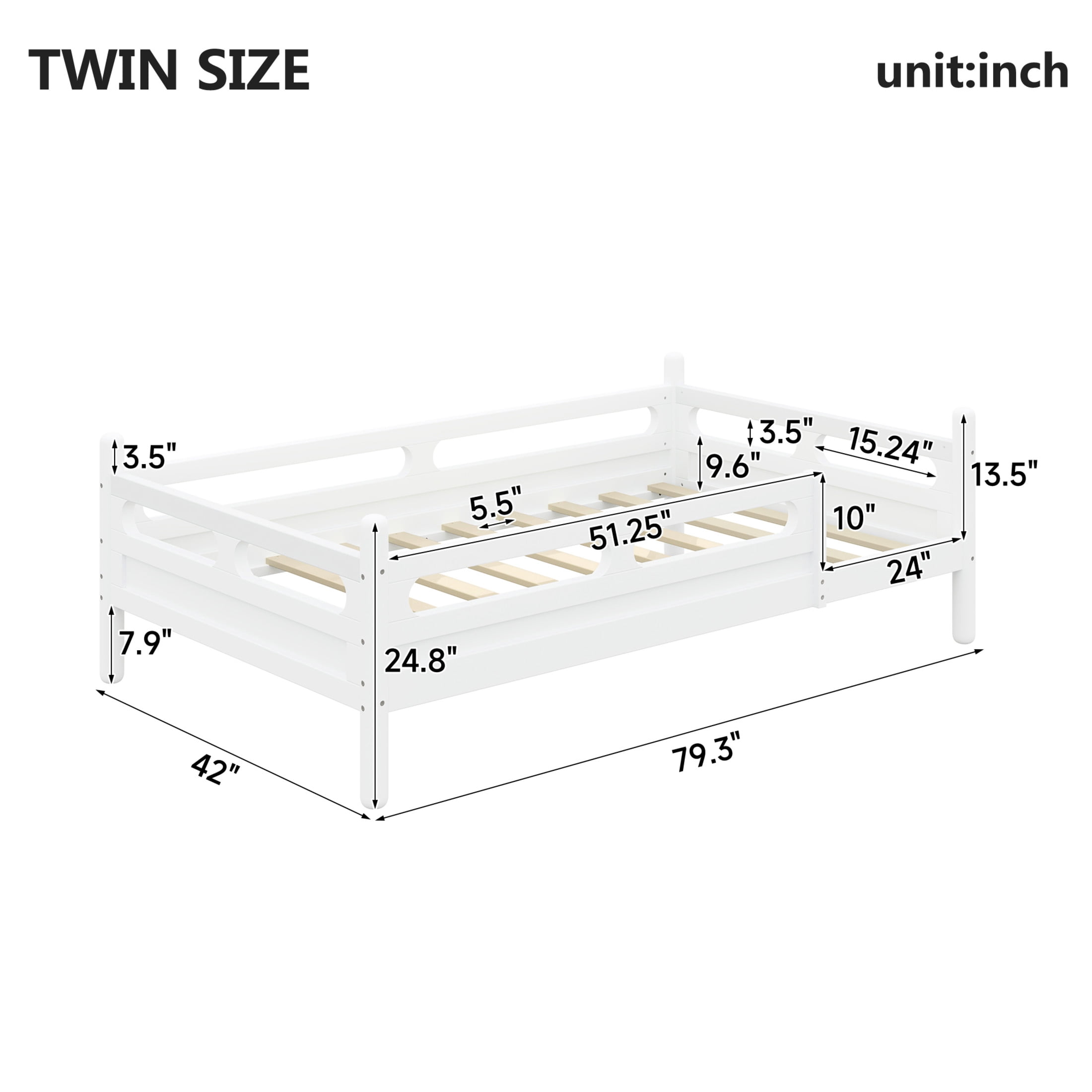 Noble House Twin Size Kids Bed Frame with Safety Rails, Low Profile Design & Slat Support, White