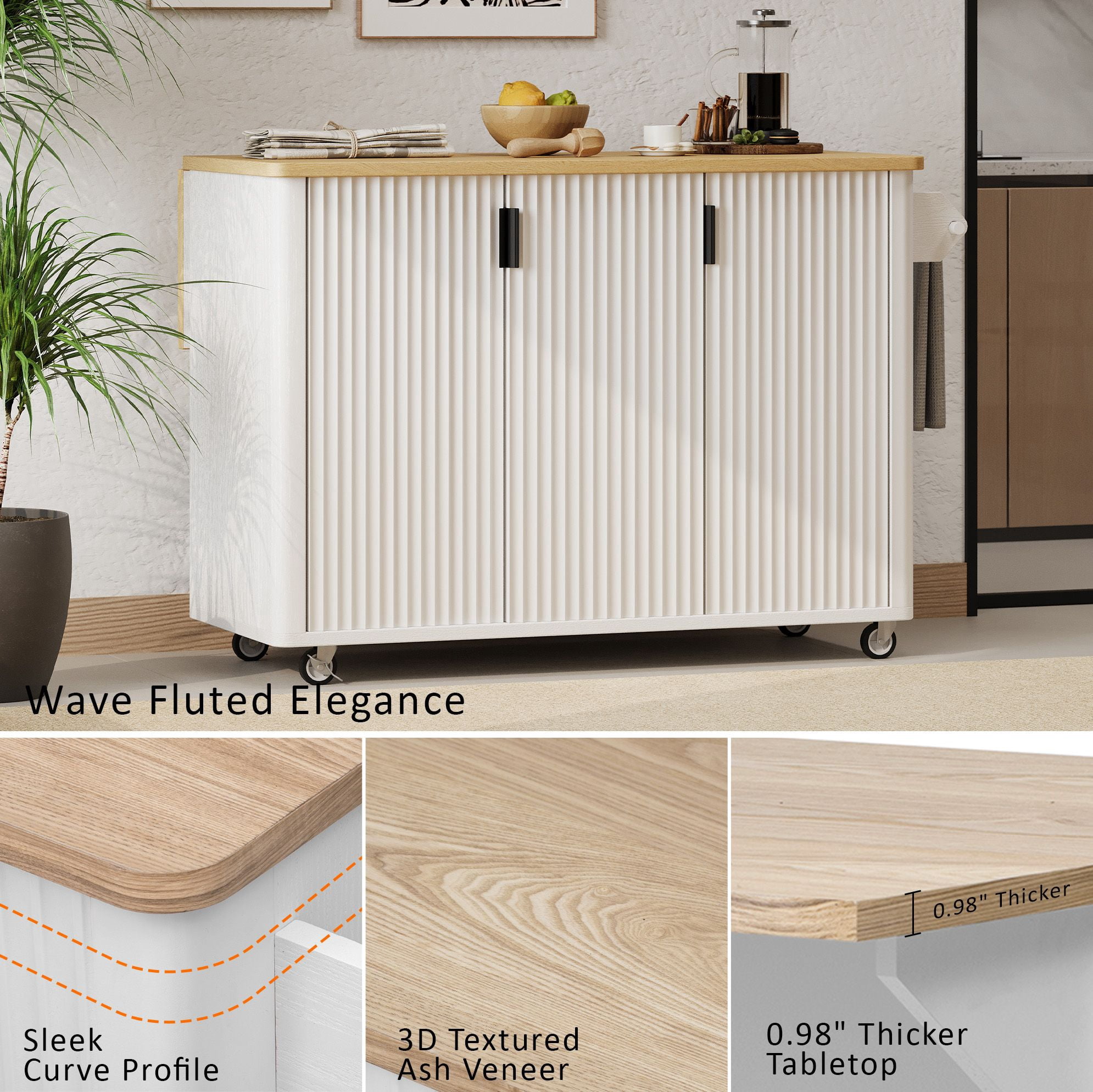 Alvantor 51" Fluted Kitchen Island with Storage, Drop Leaf Cart, Towel Rack, White Ash