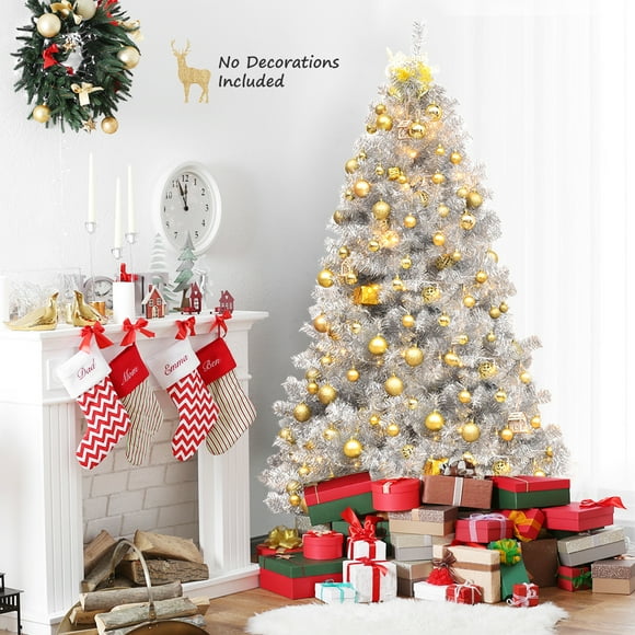 Gymax 6 FT Silver Tinsel Christmas Tree Artificial Hinged Tree Holiday Decoration