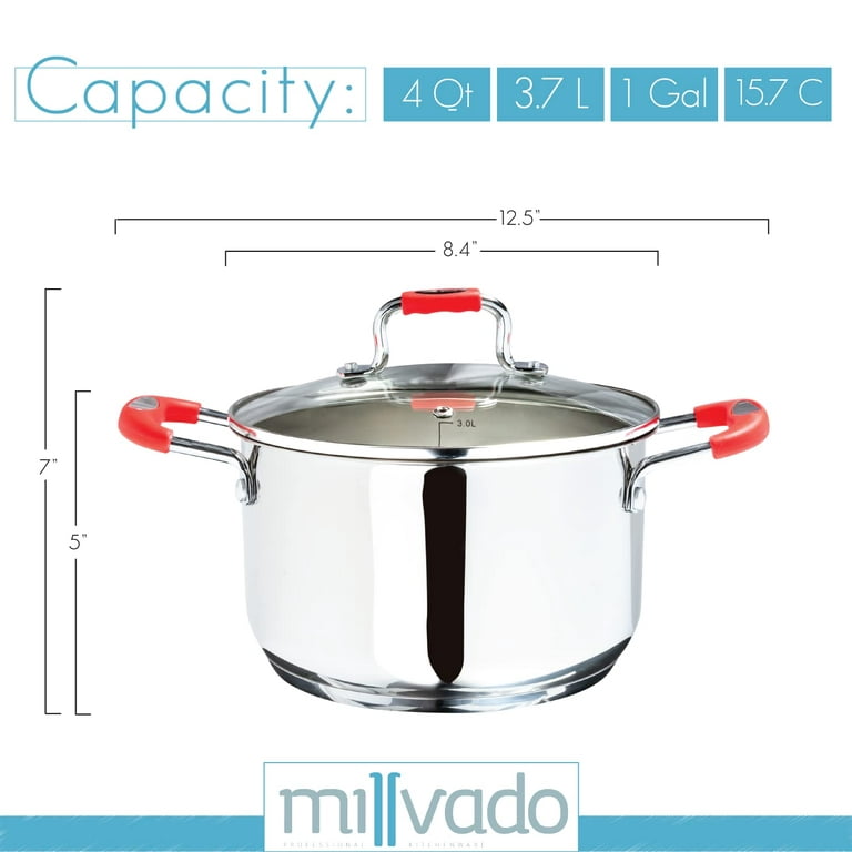 Millvado Stock Pot, 4 Quart Stainless Steel Pot, StockPot With Clear Glass  Lid, Steam Hole, Permanent Measurement Markings, Gas, Electric and