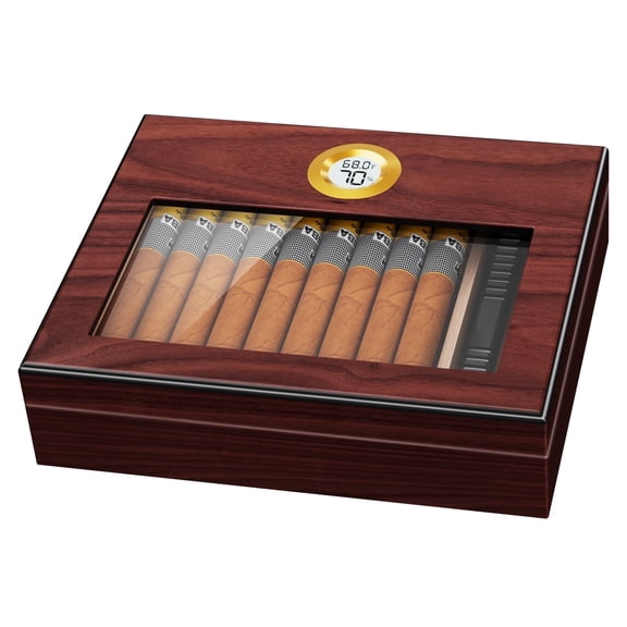 iDiskk Handmade Cigar Humidity Box, Cedar Wood Humidor Cigar Box Glass Top Desktop Humidor with Digital Hygrometer Cigar Gifts for Men