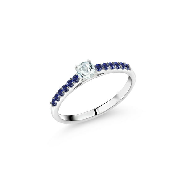 Gem Stone King 0.41 Ct Round Sky Blue Aquamarine Blue 10K White Gold Ring
