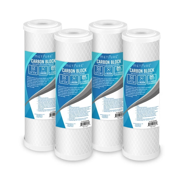 Metpure Universal 5 Micron 10” x 2.5” Whole House Carbon Water Filter Cartridge Replacement - Coconut Shell Carbon Block CTO. Compatible with Dupont, Hydronix, Whirlpool, and more. 4-Pack