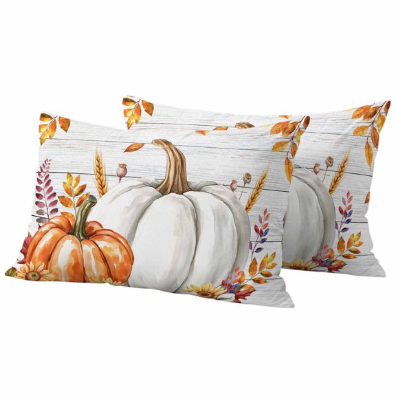 Lumbar Pillow Covers 12 x 20 Inches, Orange White Pumpkins Fall Waterproof Throw Pillow Cover Set of 2, Thanksgiving Grey Wooden Leaves Decorative Rectangle Cushion Covers for Patio/Tent/Couch/Garden