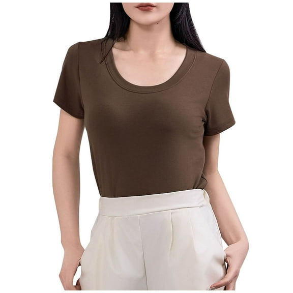 Youyipin Womens Tops Spring Fashion Womens Scoop Neck Short Sleeve Tops Summer Going Out Double Lined T Shirts Slim Fit Clothes Basic Tee For Women 2025