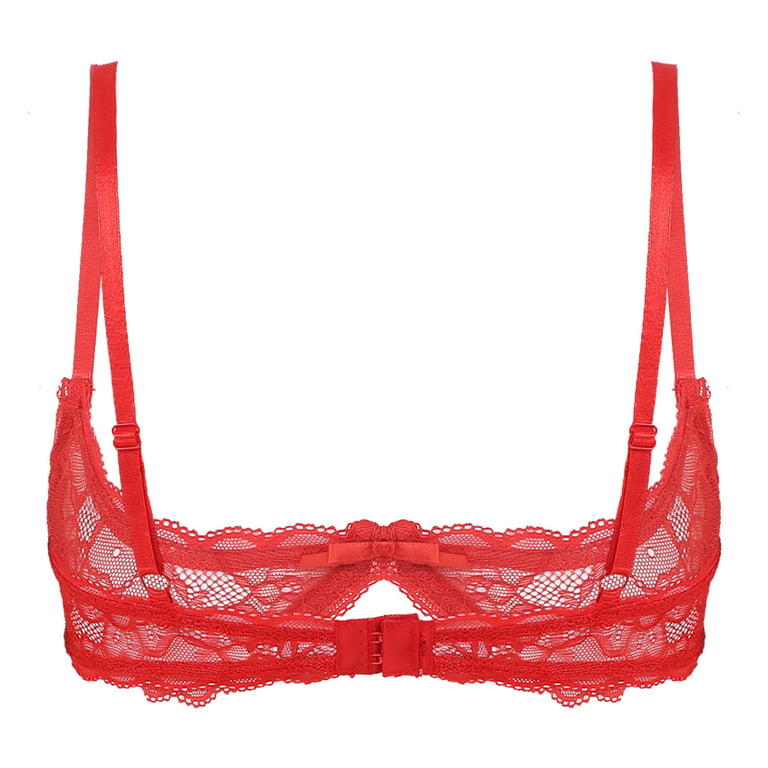 renvena Women's Sheer Lace Lingerie Push Up Underwired Shelf Bra 1/4 Cup  Unlined Bralette Tops Red XXL 