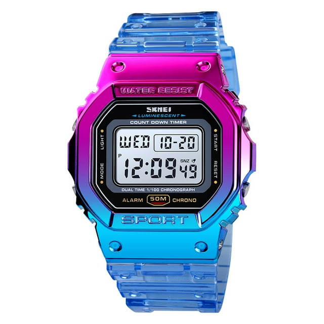 SKMEI Montre de Sport Numérique pour Femmes Couleur Contrastante Double Mode Heure Date Semaine Réveil Rétroéclairage