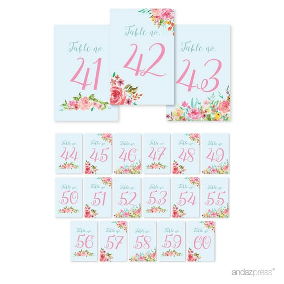 Wedding Pink Roses English Tea Party, 4 x 6-inch Table Numbers 41-60 on Perforated Pape