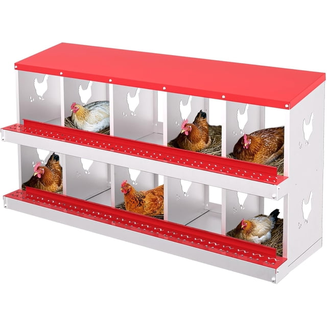 Ourlova EastVita 10-Compartment Metal Chicken Nesting Boxes with Perch and Secure Lid, Versatile Wall Mount