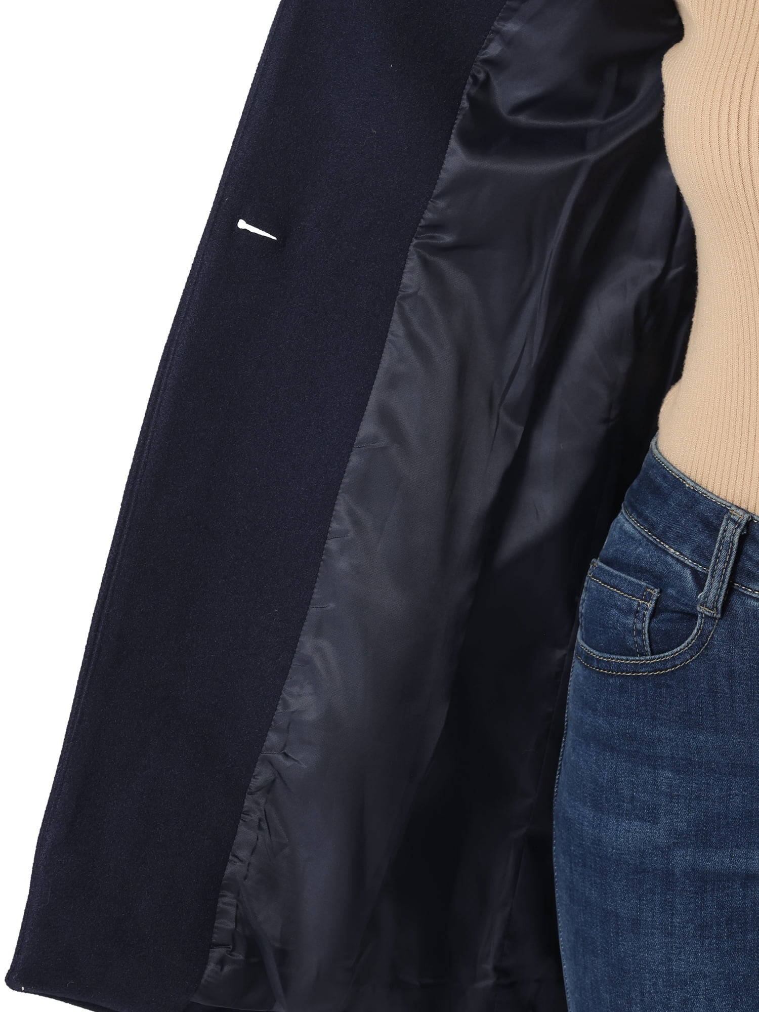 Unique Bargains Women's Winter Overcoat Stand Collar Single Breasted Long Coat S Navy Blue