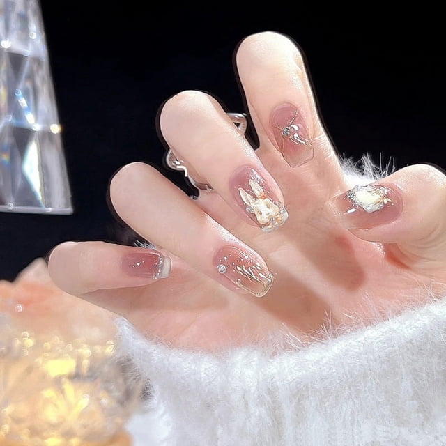 Uso de uñas con arte de uñas terminado en gel de gelatina, parche de uña con rubor degradado chino, pieza de uña postiza desmontable