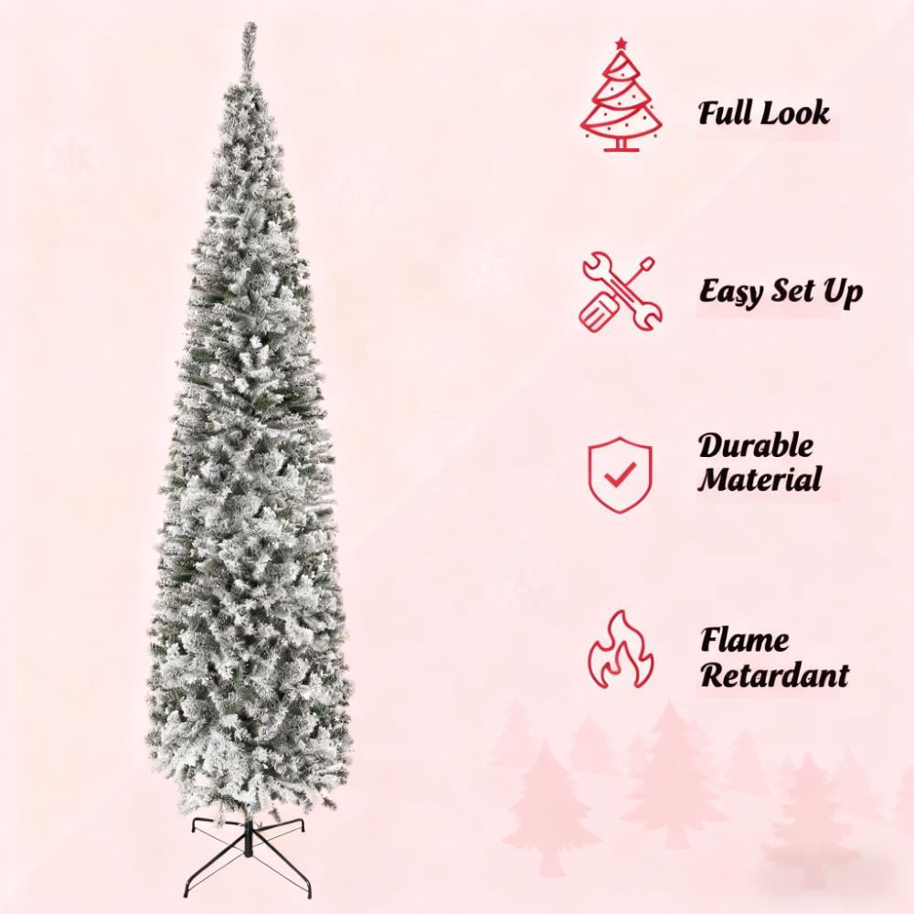 9ft Snow Flocked Pencil Christmas Tree 1014 Tips Flame Retardant Small Space Holiday Decor
