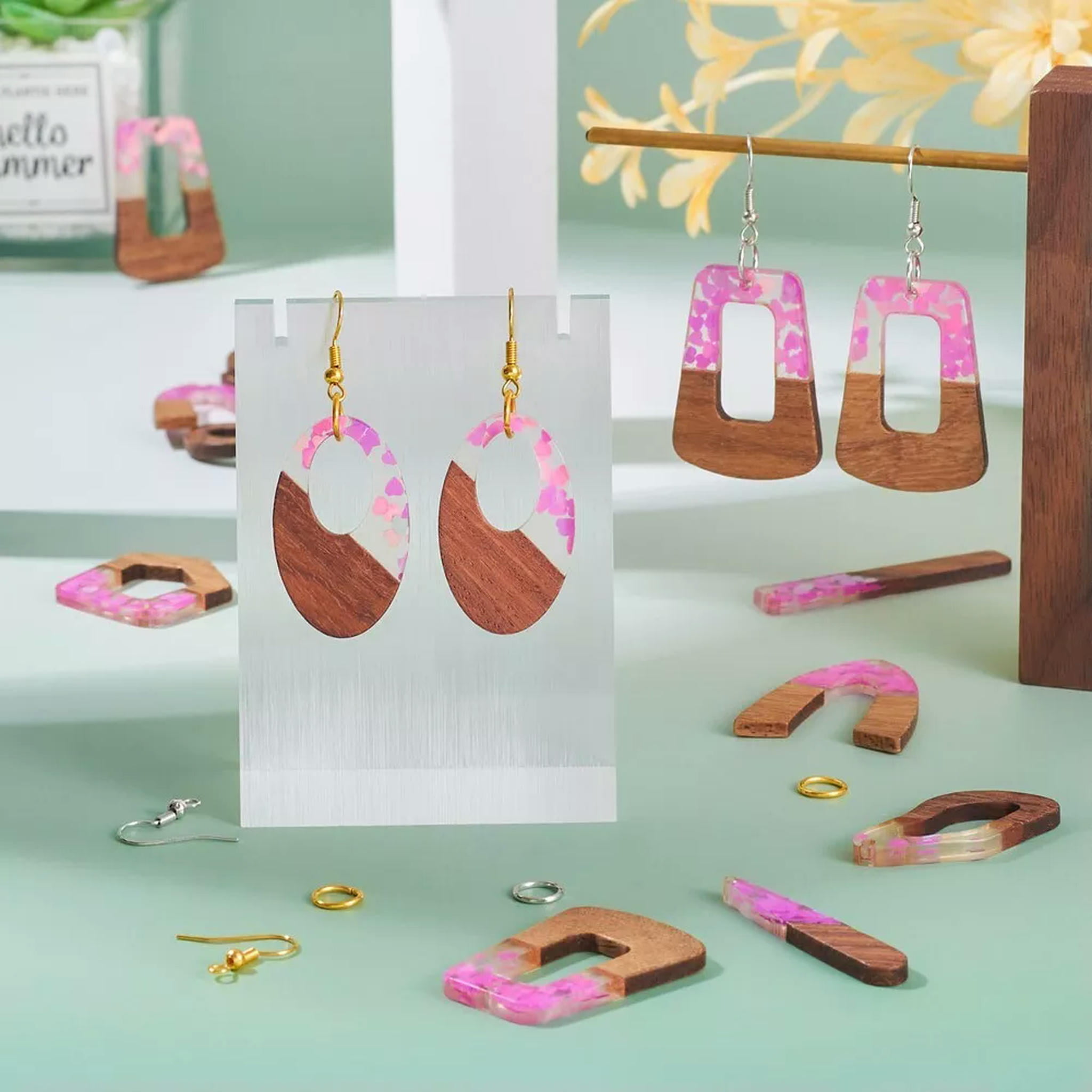 U8MO 20Pc/Box Opaque Resin Walnut Wood Pendants DIY 2 Tone Dangle Earring Making Kit