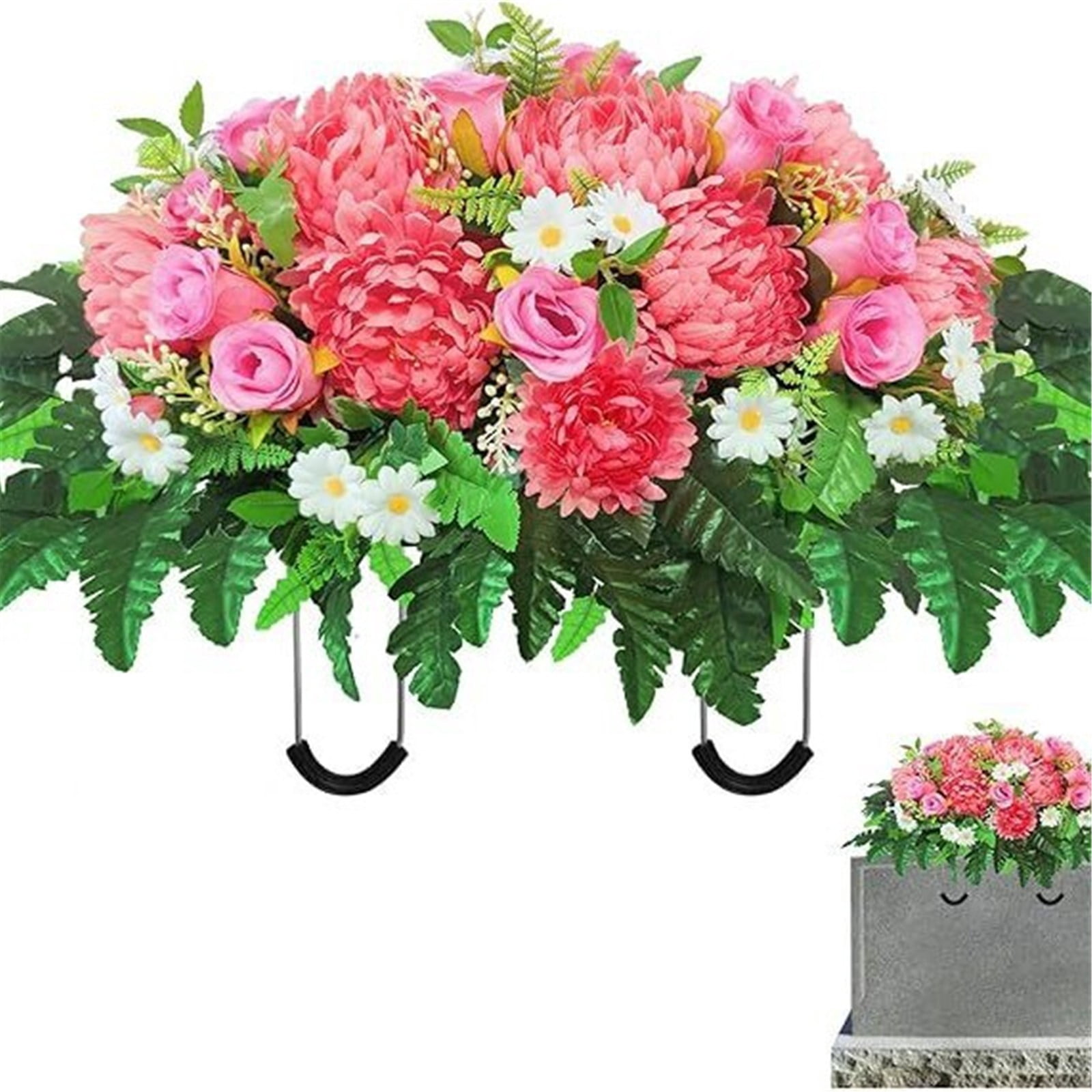 Headstone Flowers Artificial Cemetery Saddle Red Roses Chrysanthemums 28.5x22in Memorial Grave Decoration Mothers Day Remembrance Floral