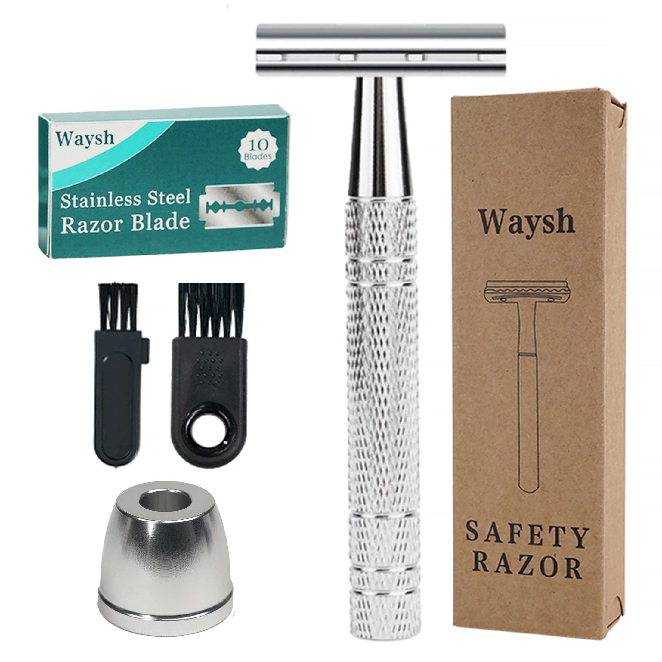 Waysh Classic Wet Shave 20 Blade Safety Razor Kit with Stand, Silver