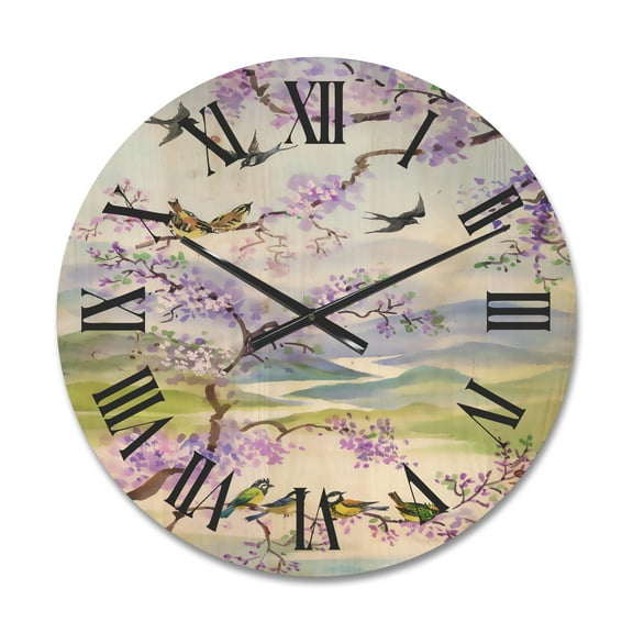 Designart 'Birds Sitting On Cherry Branch' Traditional Wood Wall Clock